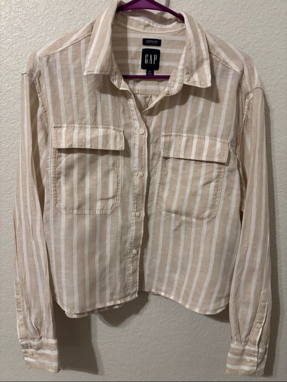 GAP Cream and White Linen Vertical Stripe Button-Front Shirt